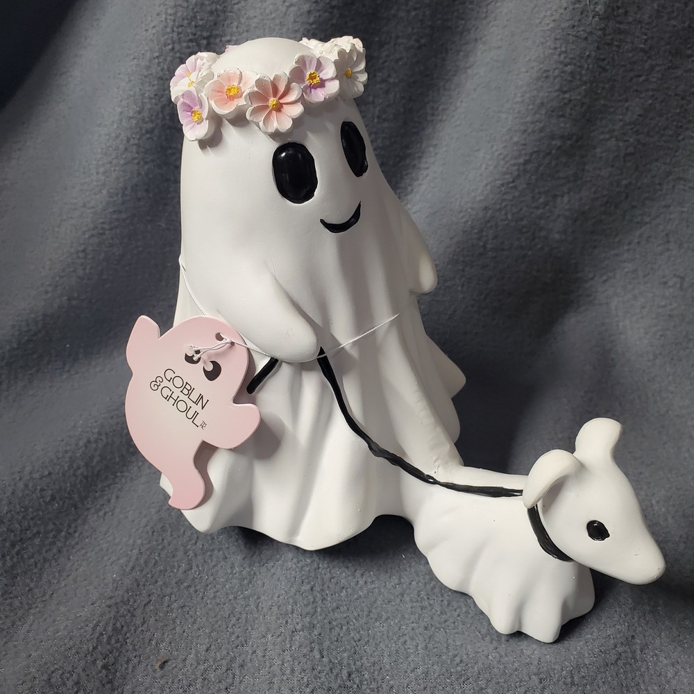 Viral Homegoods Ghost walking dog with Flower Crown Statue NWT
